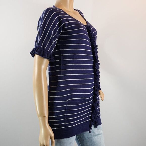 Gap Knit Top Navy Blue White Pinstripe Button Front Short Sleeve Tunic Womens M - Picture 5 of 10